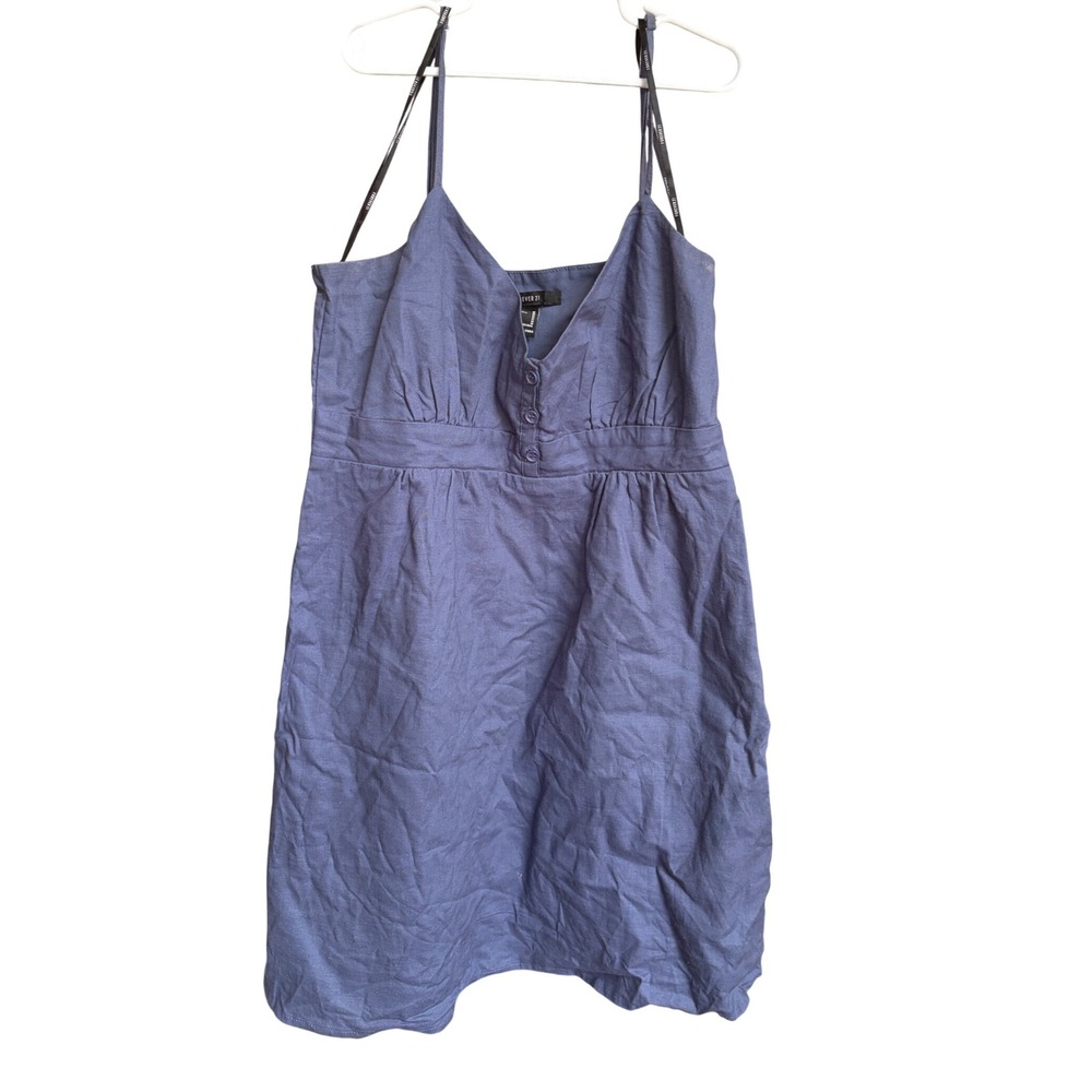 Forever 21 Mini Dress Blue‎ Linen Blend Button Front Tie Back Med
